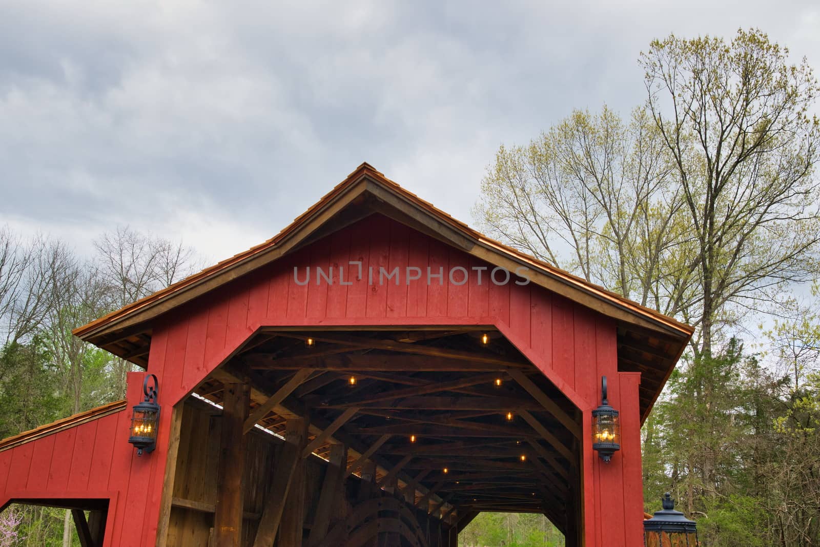 Restored Burr Arch Covered Bridge as Seen on a Spring Day
