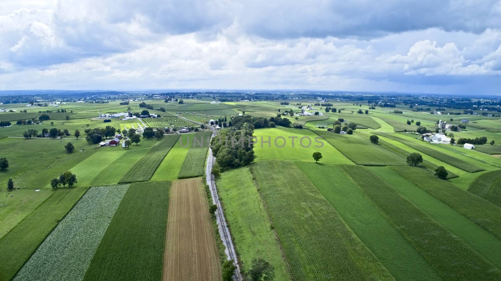 Aerial View of Amish Farmlands by Rail Road Tracks