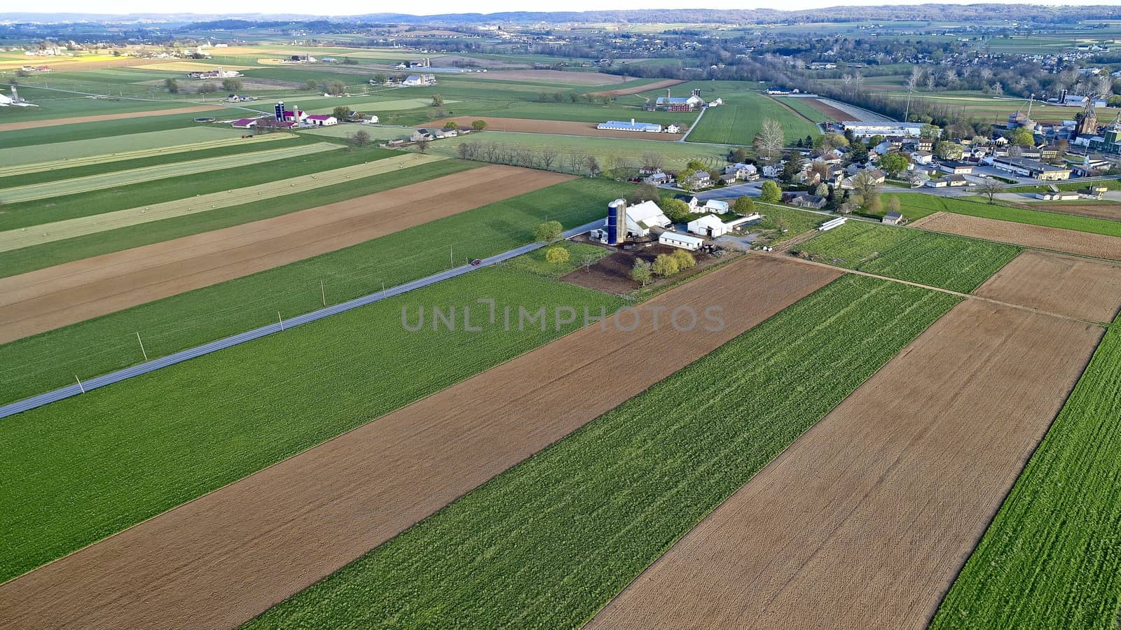 Aerial View of Amish Farm Lands and Countryside on a Sunny Day
