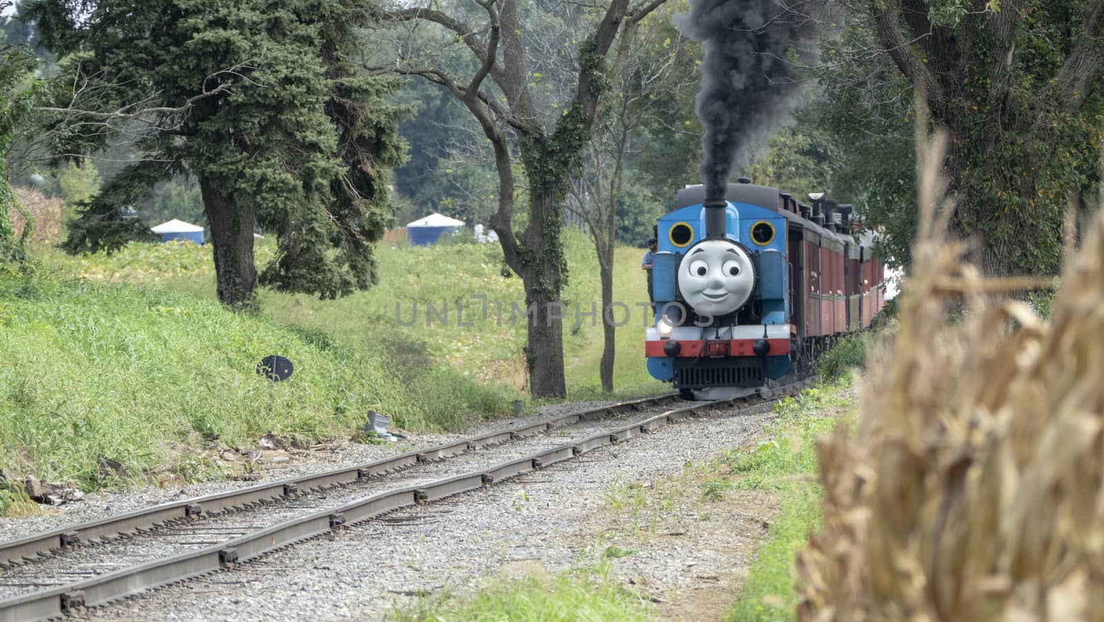 Strasburg, Pennsylvania - September 2018: Thomas the Train in Amish Countryside Puffing Away