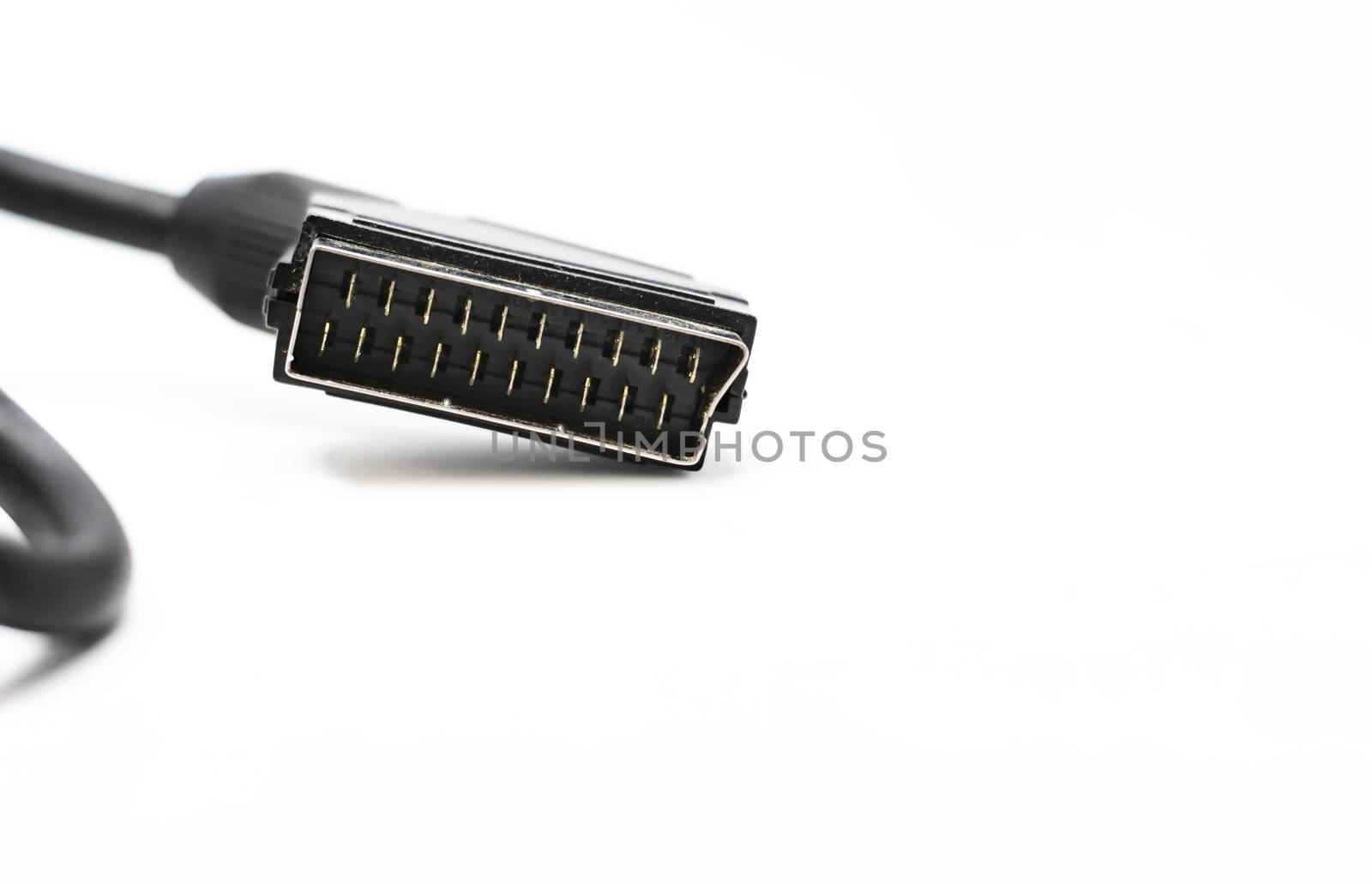 close up view of a male SCART connector cable with 21-pin for connecting audio-visual equipment