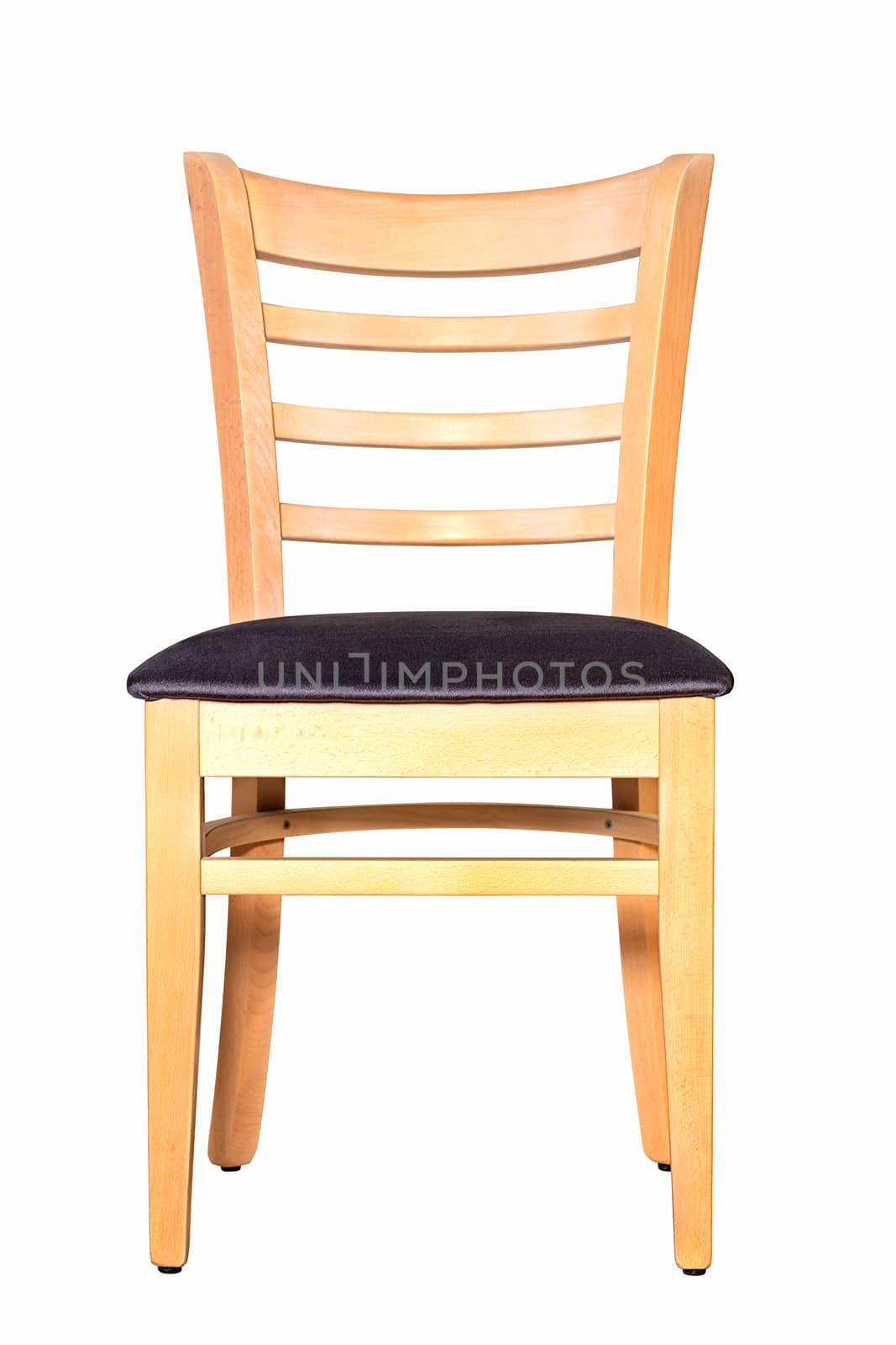 Wooden classic chair with soft brown upholstery, photographed frontally, isolated on a white background.