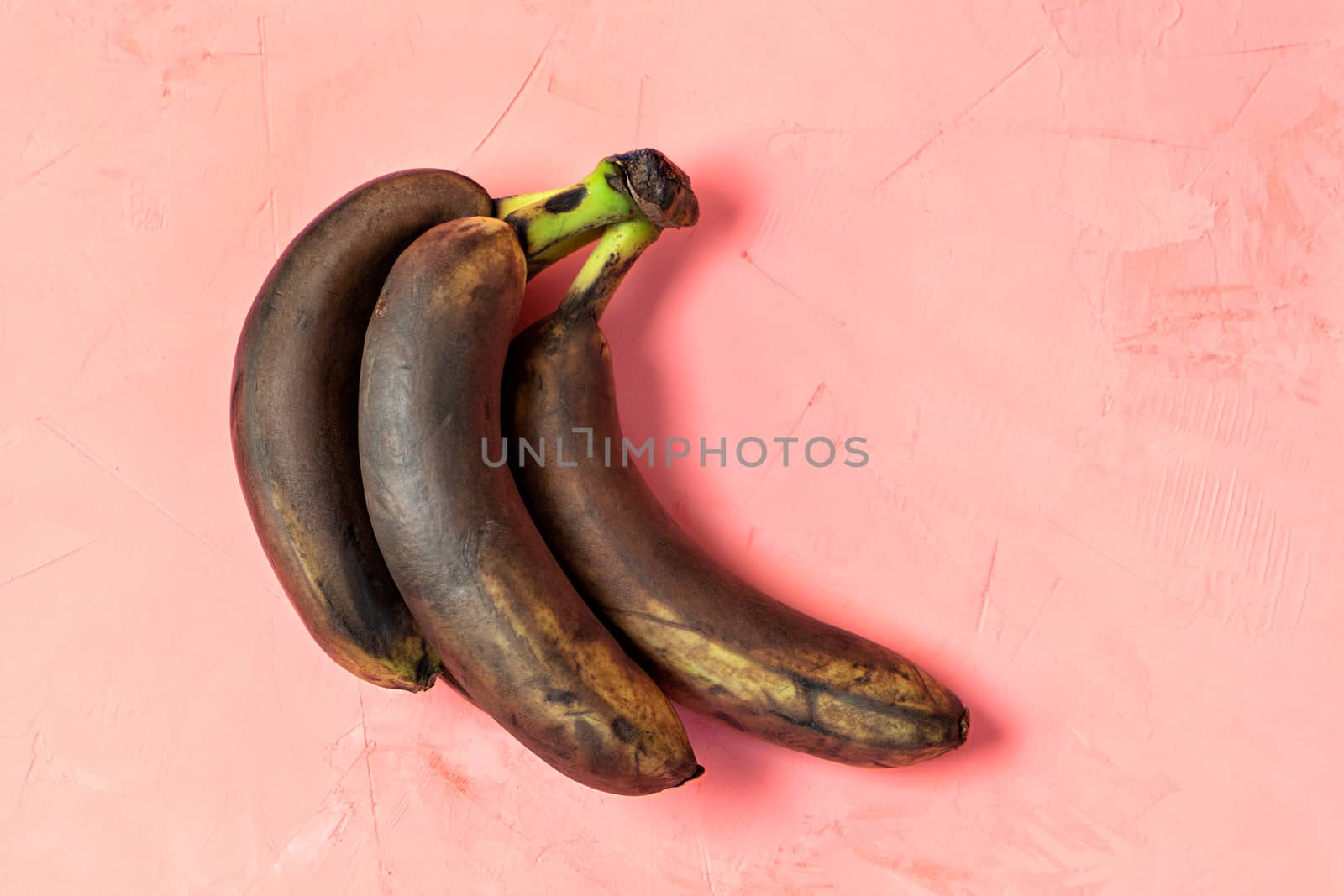 Ugly ripe bananas lie on a background of pink stucco. by Sergii