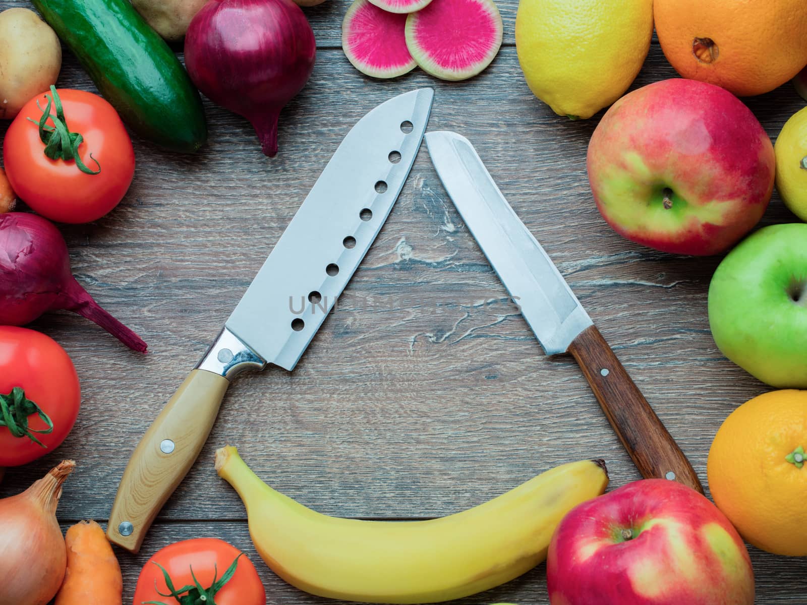 Selection of fresh vegetables, fruit and citrus for a healthy di by Sergii