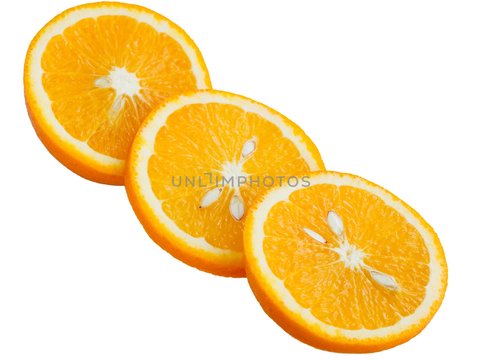 Three rings of sliced juicy ripe orange on a white background.