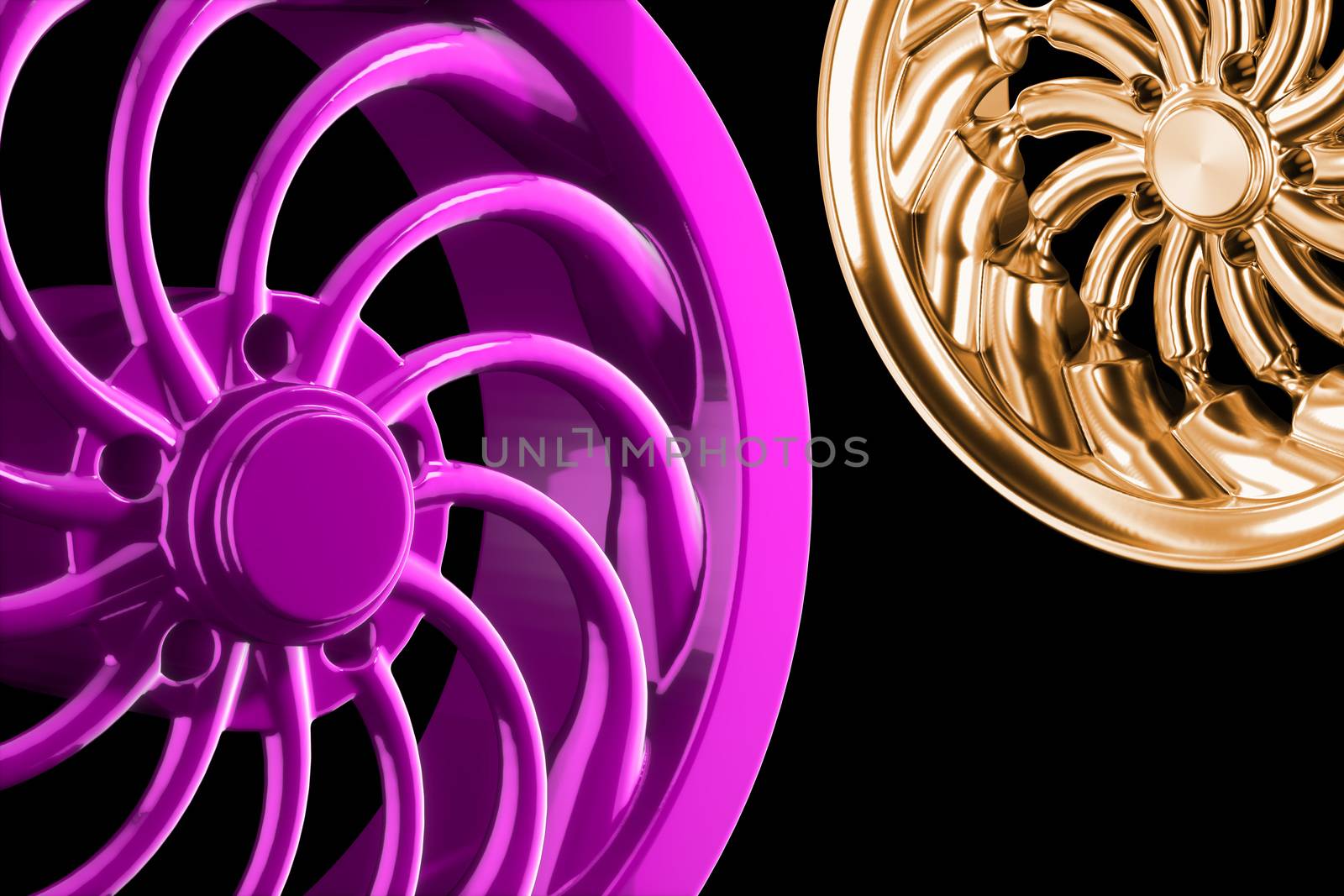 Abstract chrome sports car wheels isolated on a black background 3d illustration.