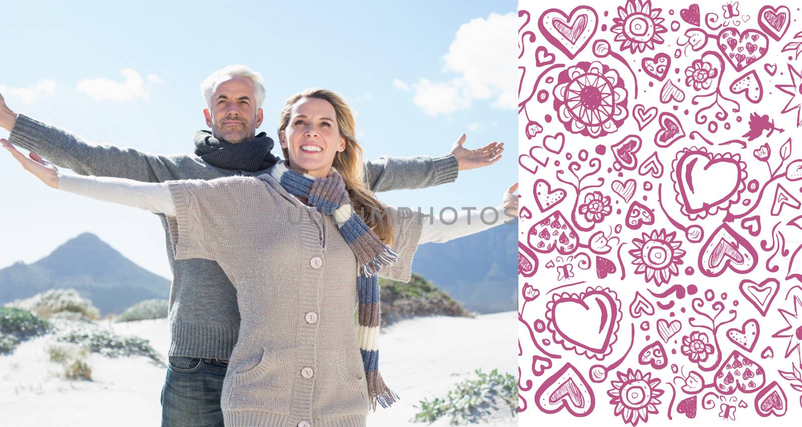 Carefree couple standing on the beach in warm clothing against valentines pattern