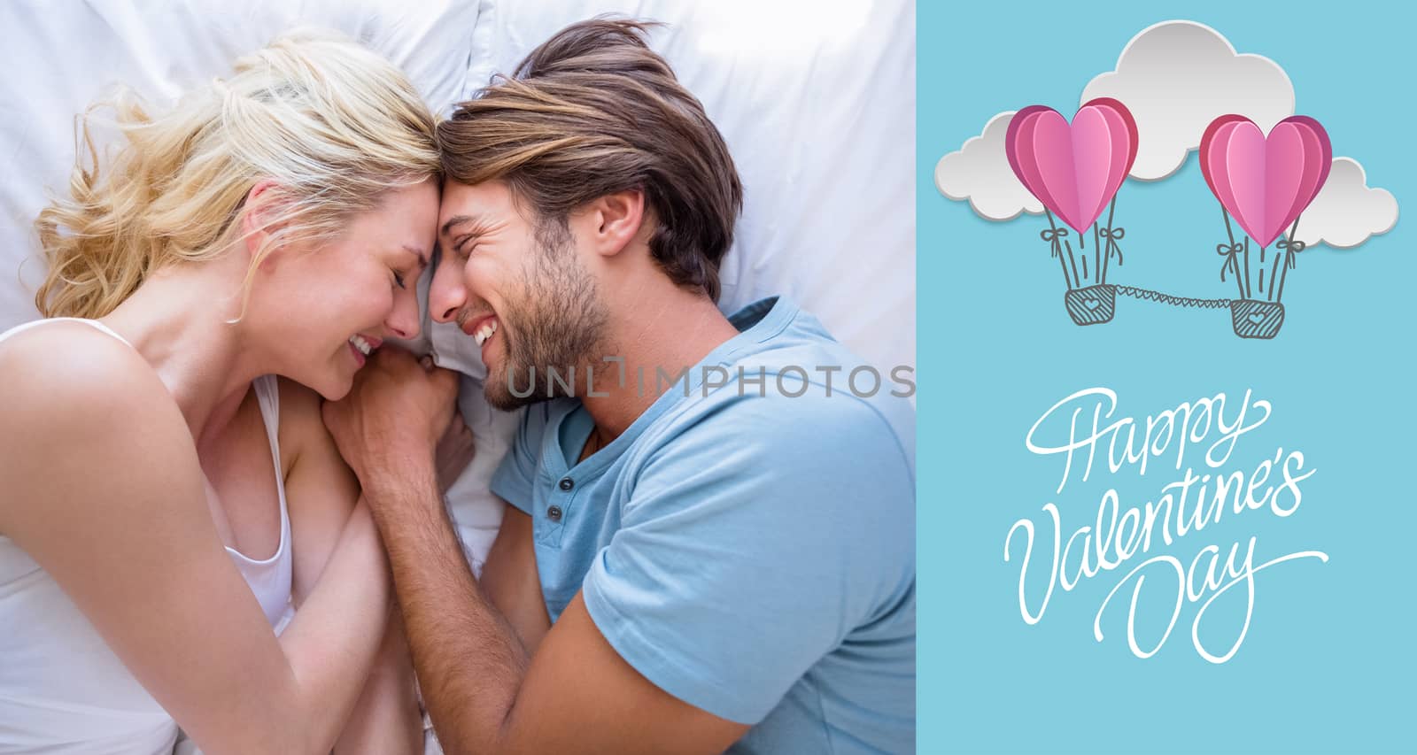 Composite image of cute couple relaxing on bed smiling at each other by Wavebreakmedia
