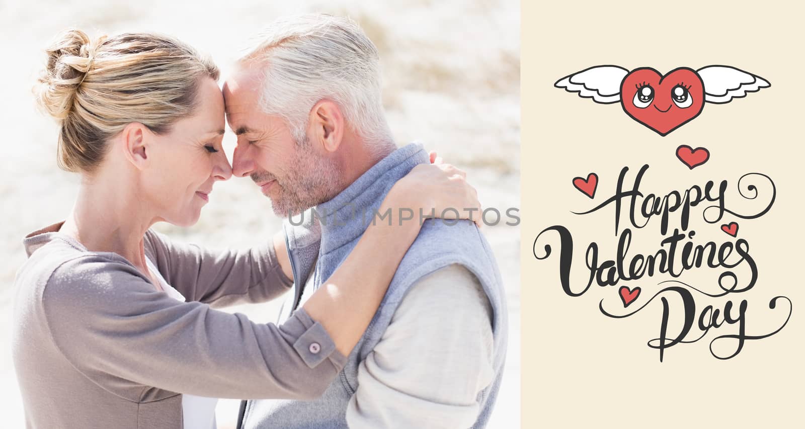 Composite image of happy hugging couple on the beach looking at each other by Wavebreakmedia