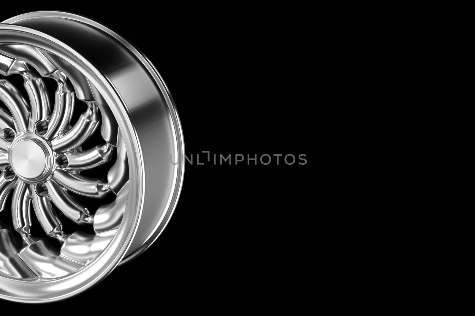 Abstract chrome sports car wheel isolated on a black background 3d illustration with Copyspace for your text.