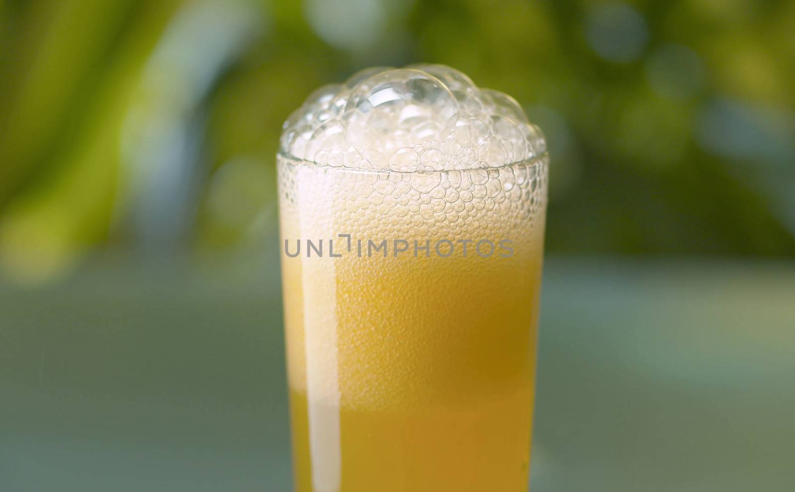 Fizzy orange drink in transparent glass. Close up sparkling orange beverage on natural background outdoors. Refreshing lemonad drinks