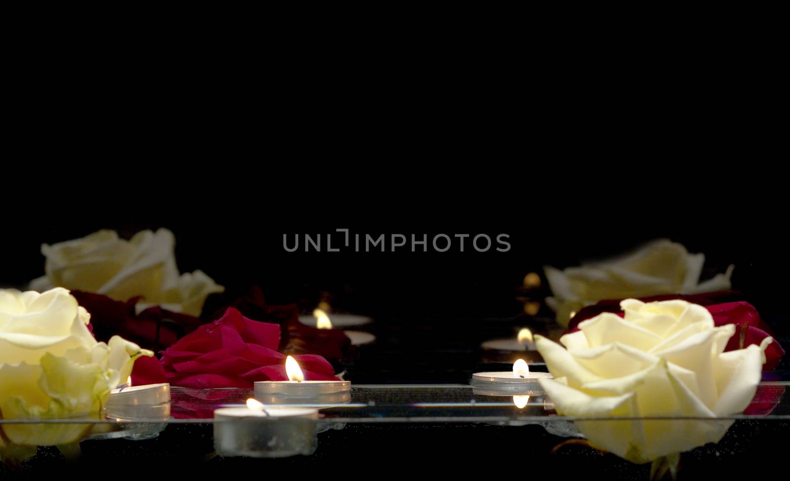Close up shot of burning candles and roses floating on the water on a black background