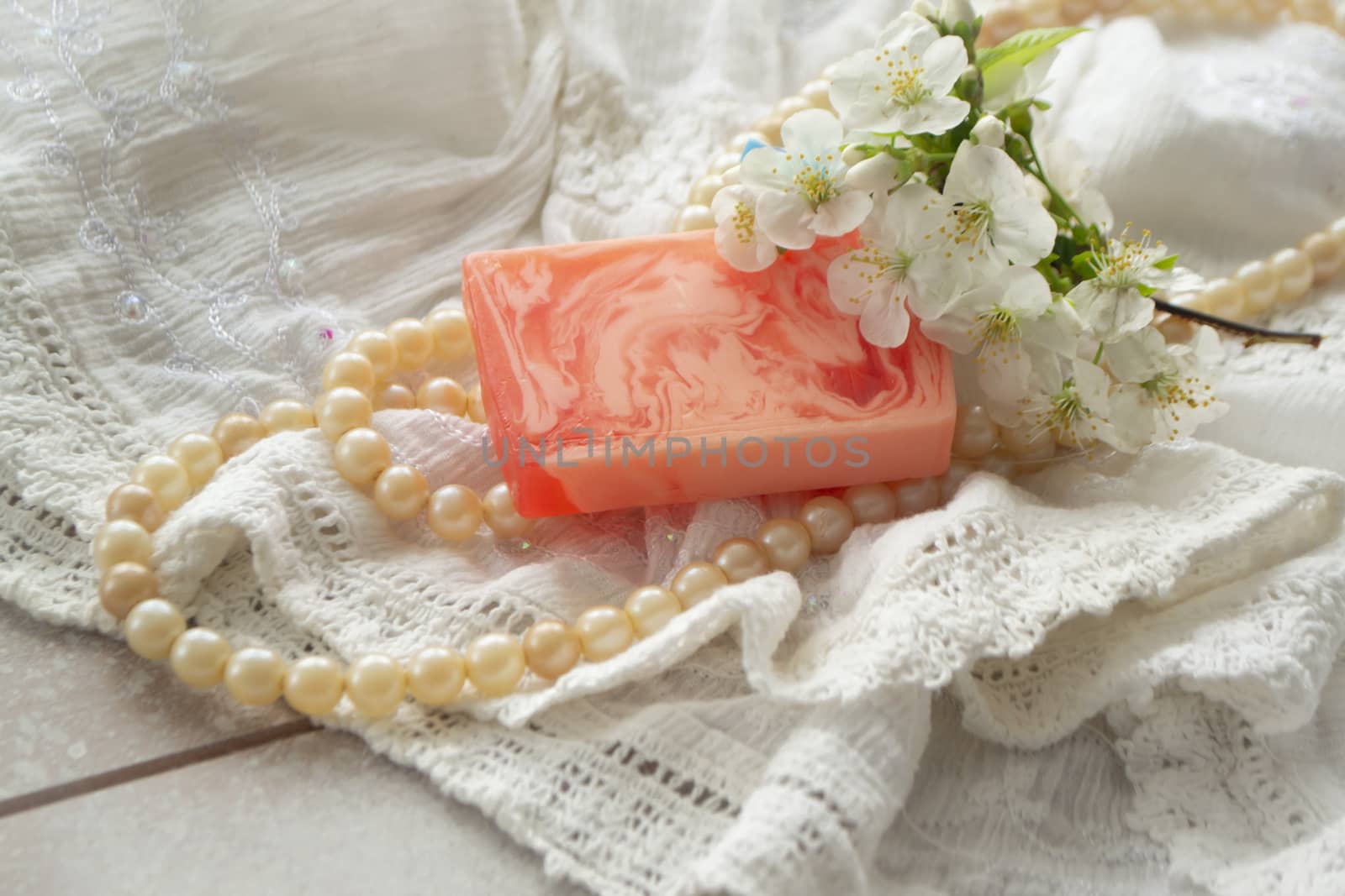 cosmetics organic soap and cherry flowers, vintage image