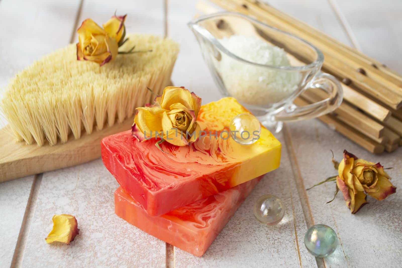 Natural hand made soap with dry roses. Spa set