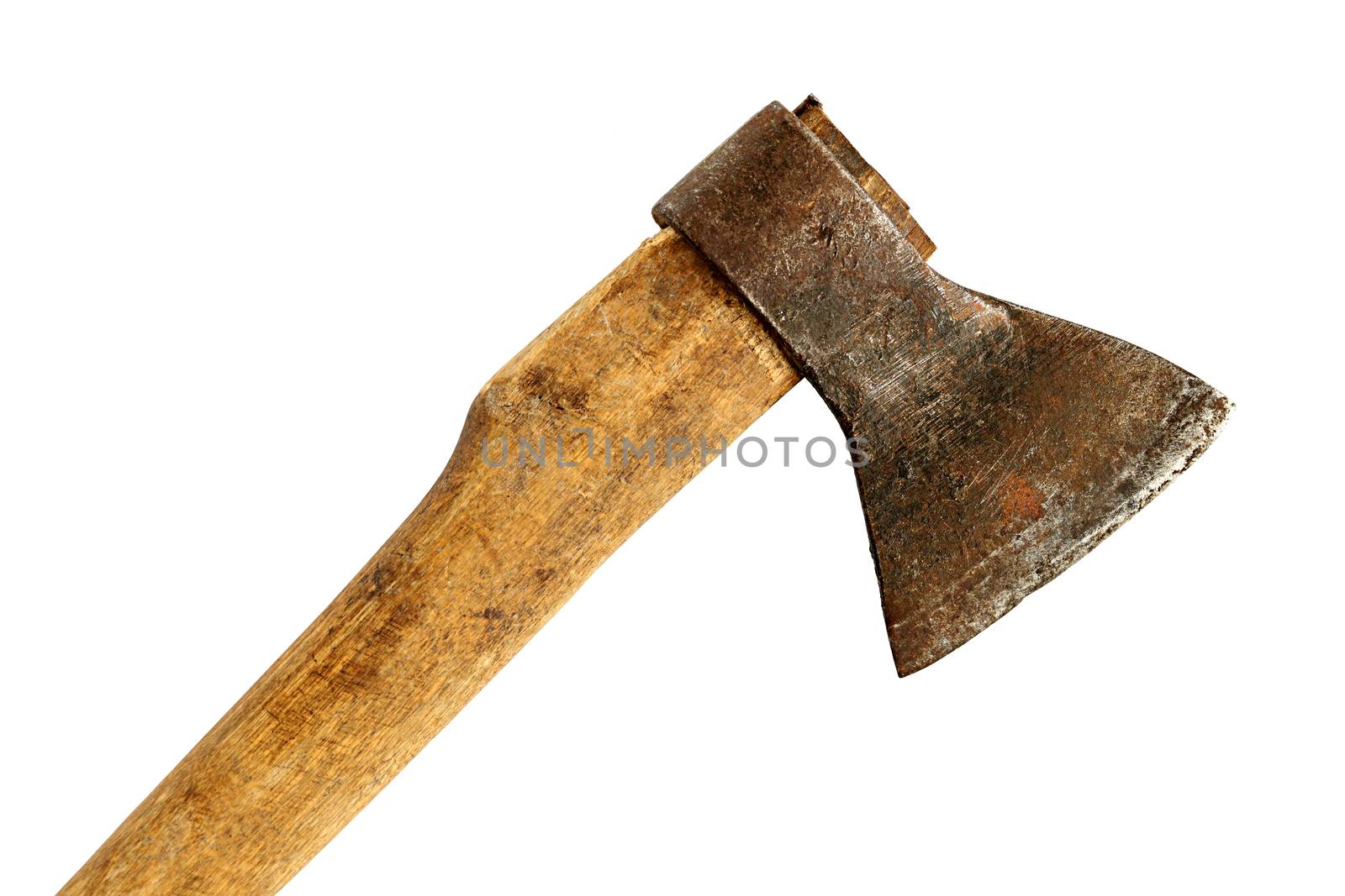 Old ax with a wooden handle close-up, isolated on a white background