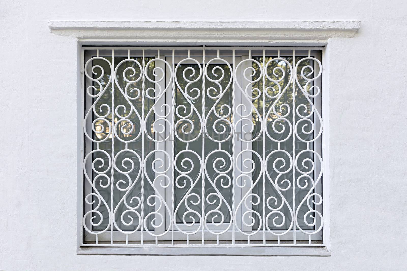 Figured frame of the window with iron forged white grating by Sergii