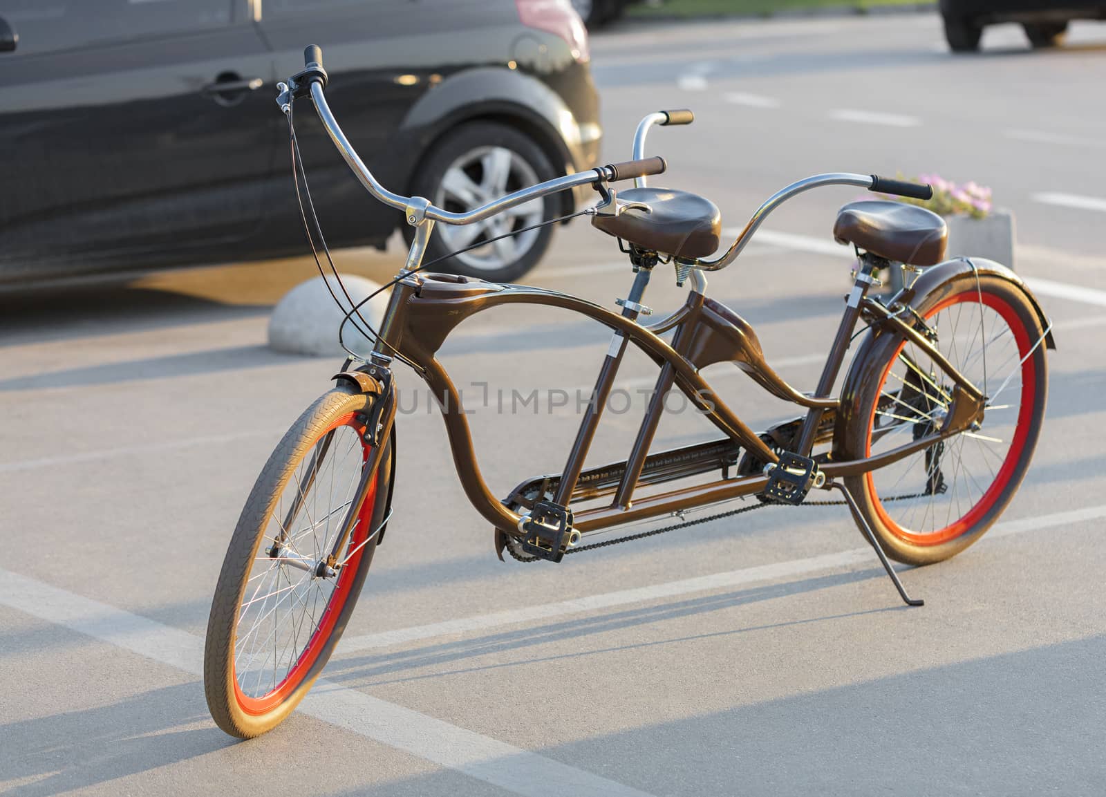 A chocolate-colored tandem bicycle with scarlet wheels is parked in a car park near the bike path in the evening sun.