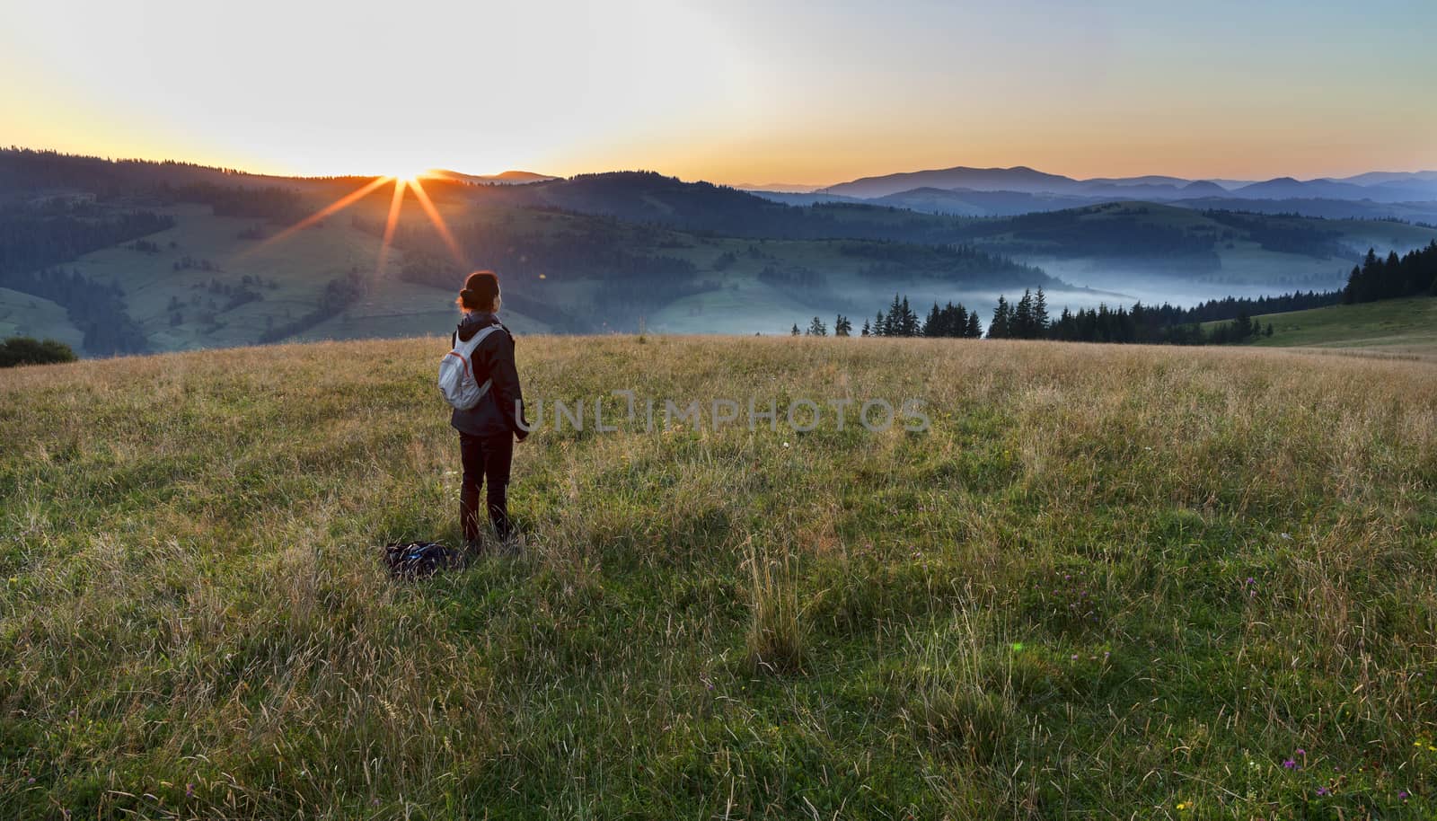 A young woman meets a dawn on a meadow hill in the Carpathian Mountains by Sergii