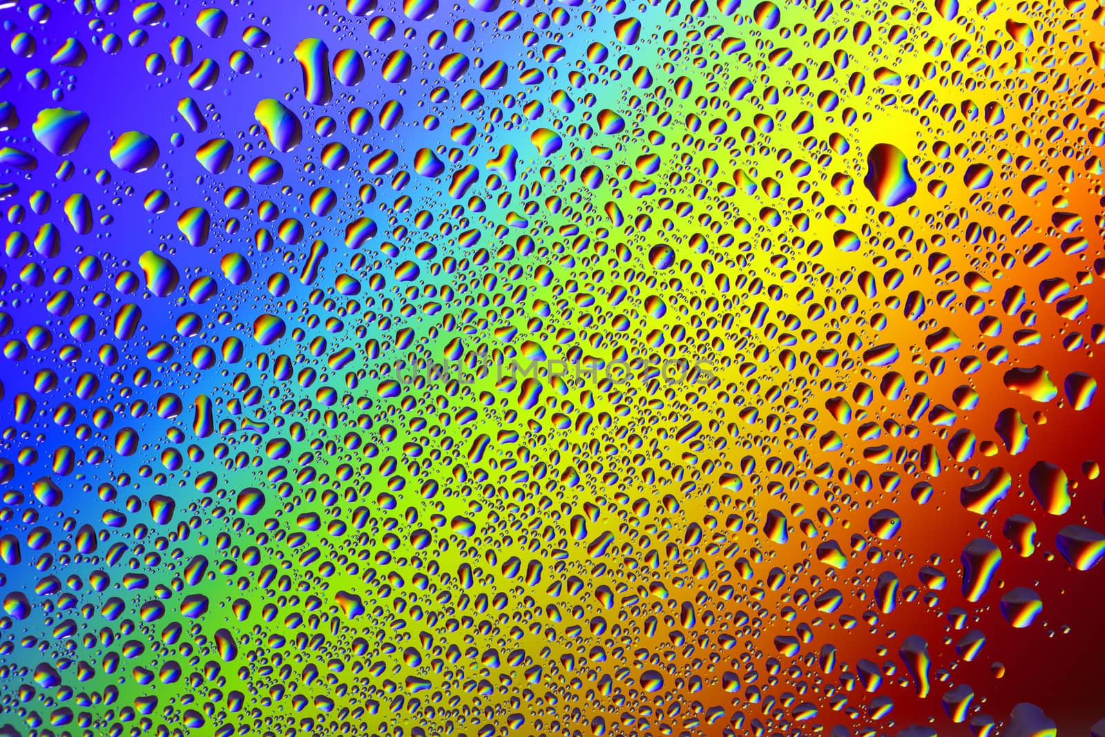 Drops of water against the background of the rainbow and with its reflection in them