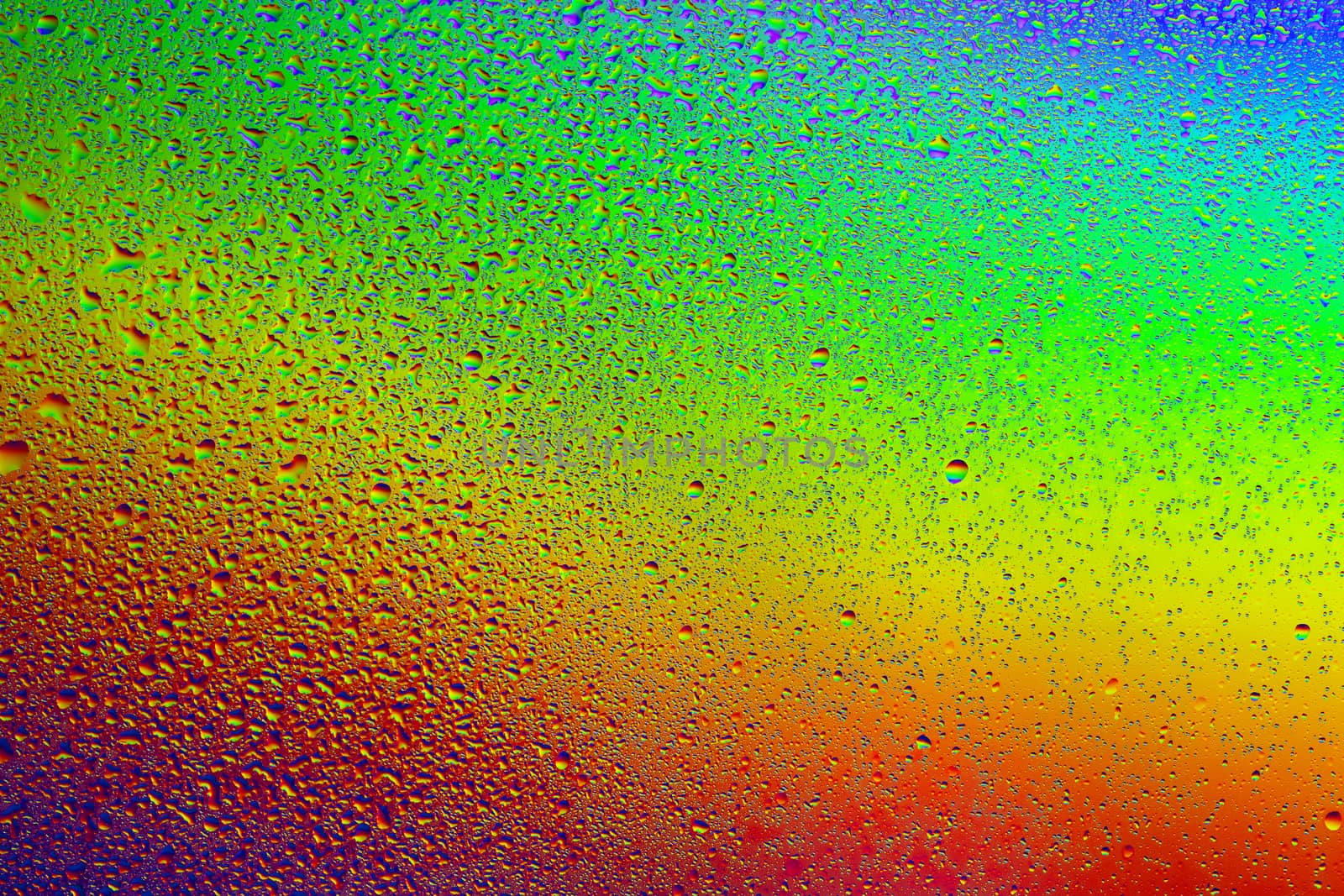Drops of water against the background of the rainbow and with its reflection in them