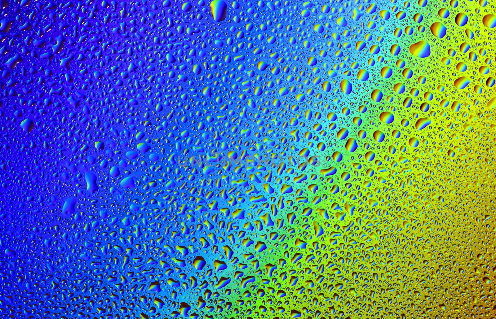 Drops of water against the background of the rainbow and with its reflection in them