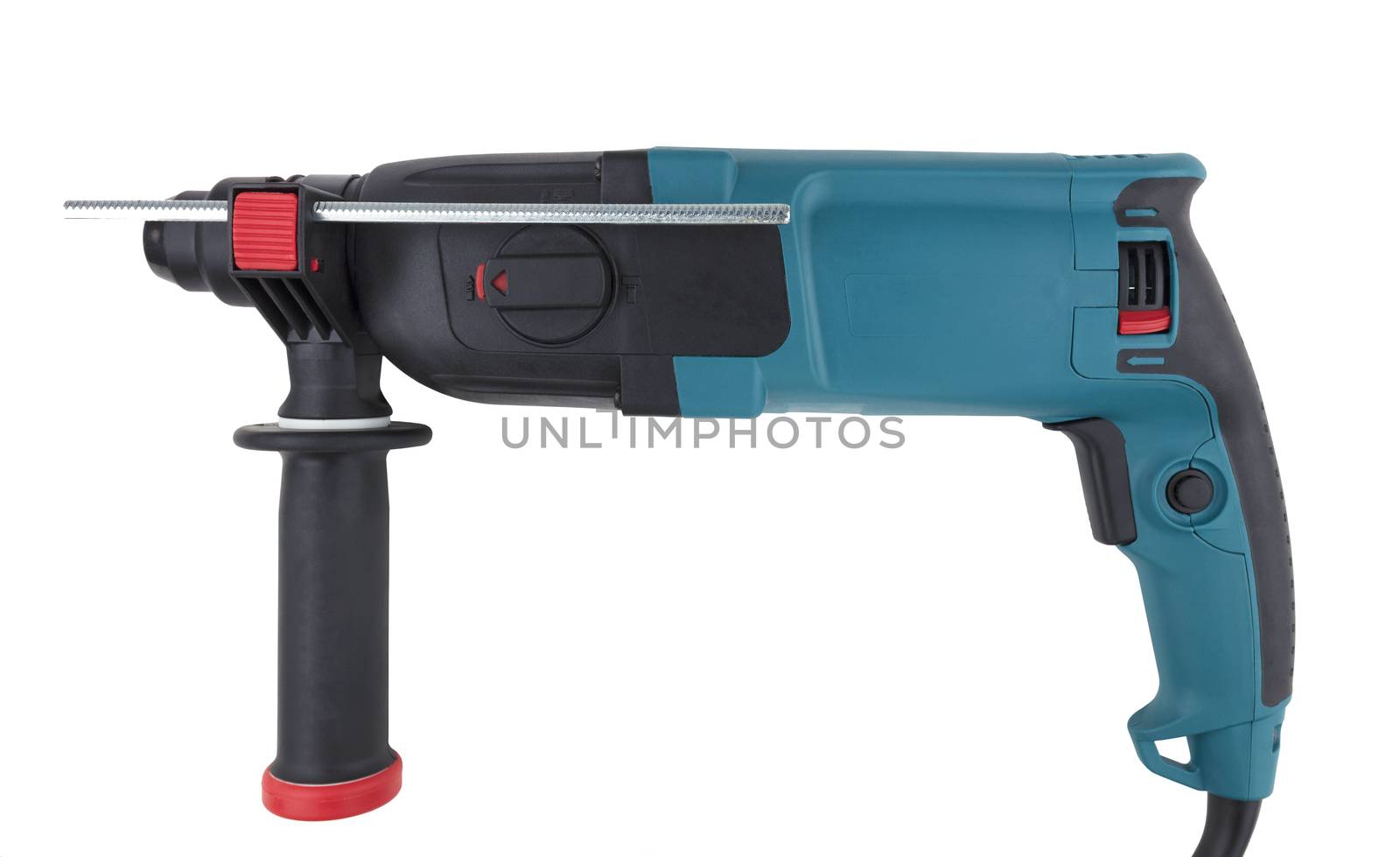 Manual electric drill-puncher of black and turquoise color for professional work in construction, isolated on white background