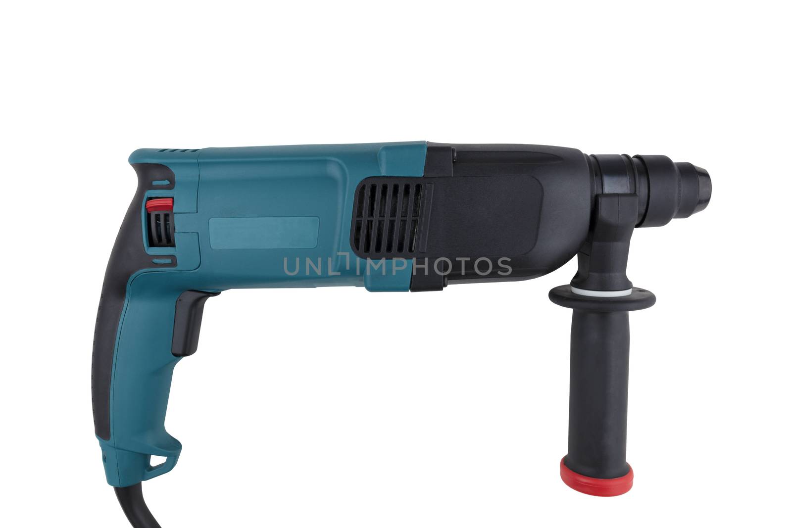 Manual electric drill-puncher of black and turquoise color for professional work in construction, isolated on white background