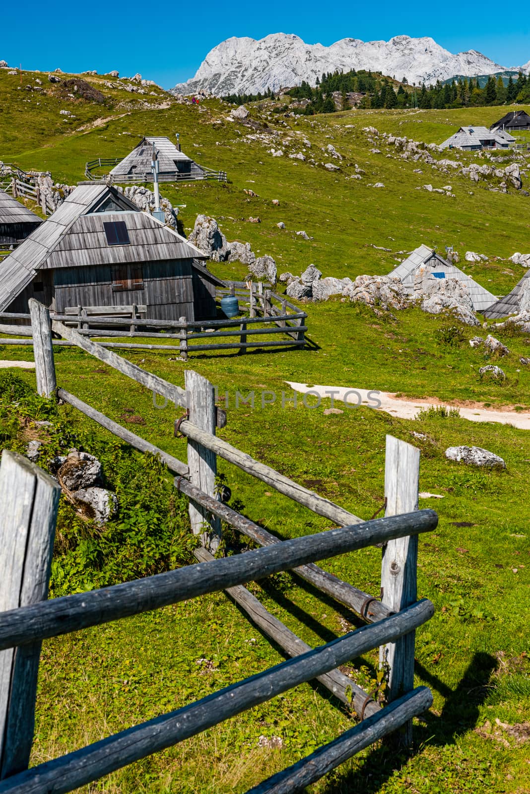 Velika Planina or Big Pasture Plateau in Slovenia. Traditional Alpine Wooden Village and Pasture.