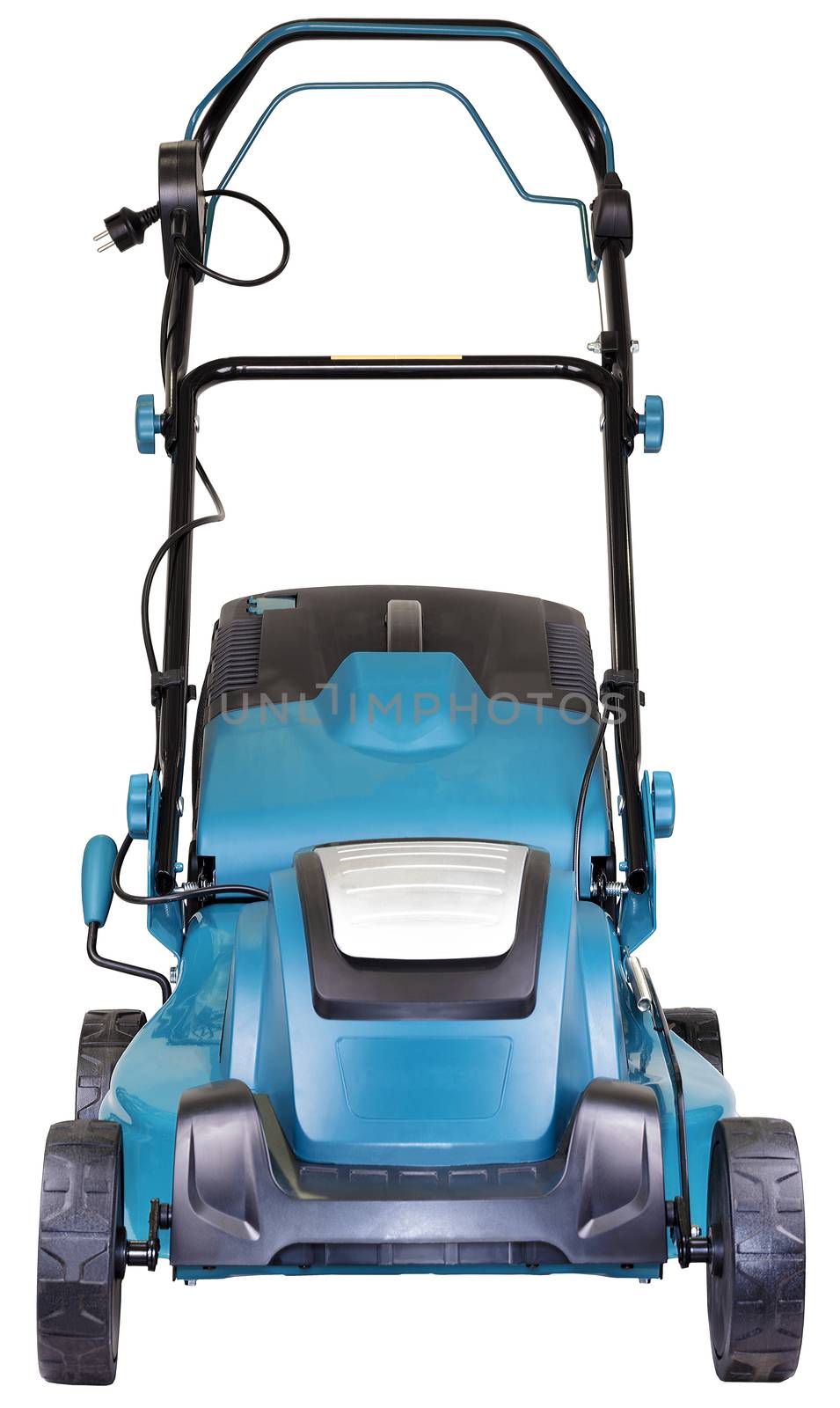 electric mower on wheels turquoise colour with a bag of grass collector isolated on white background, high resolution, facade view