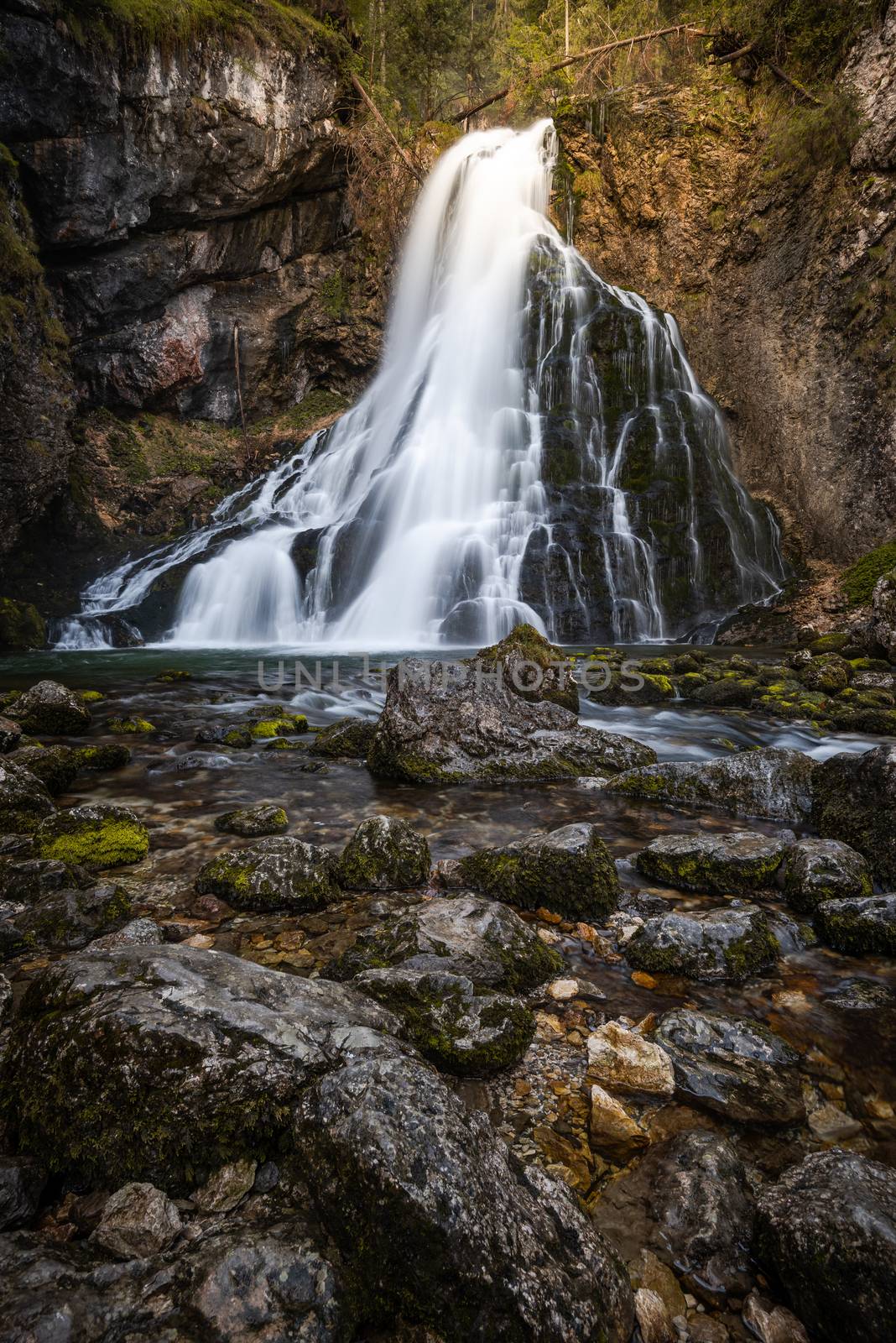 Golling Waterfall in Natural Autumn Light. Austria. Long Exposure Photography.