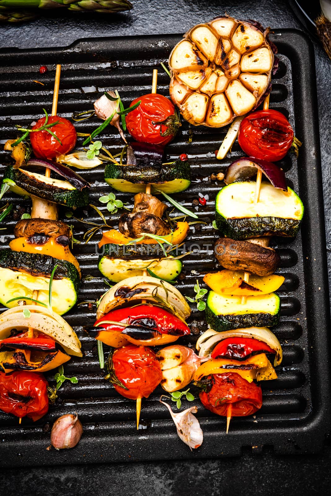 BBQ Grilled Wegetables on Skewers with Fresh Herbs and Spices. Summer Barbecue Food.