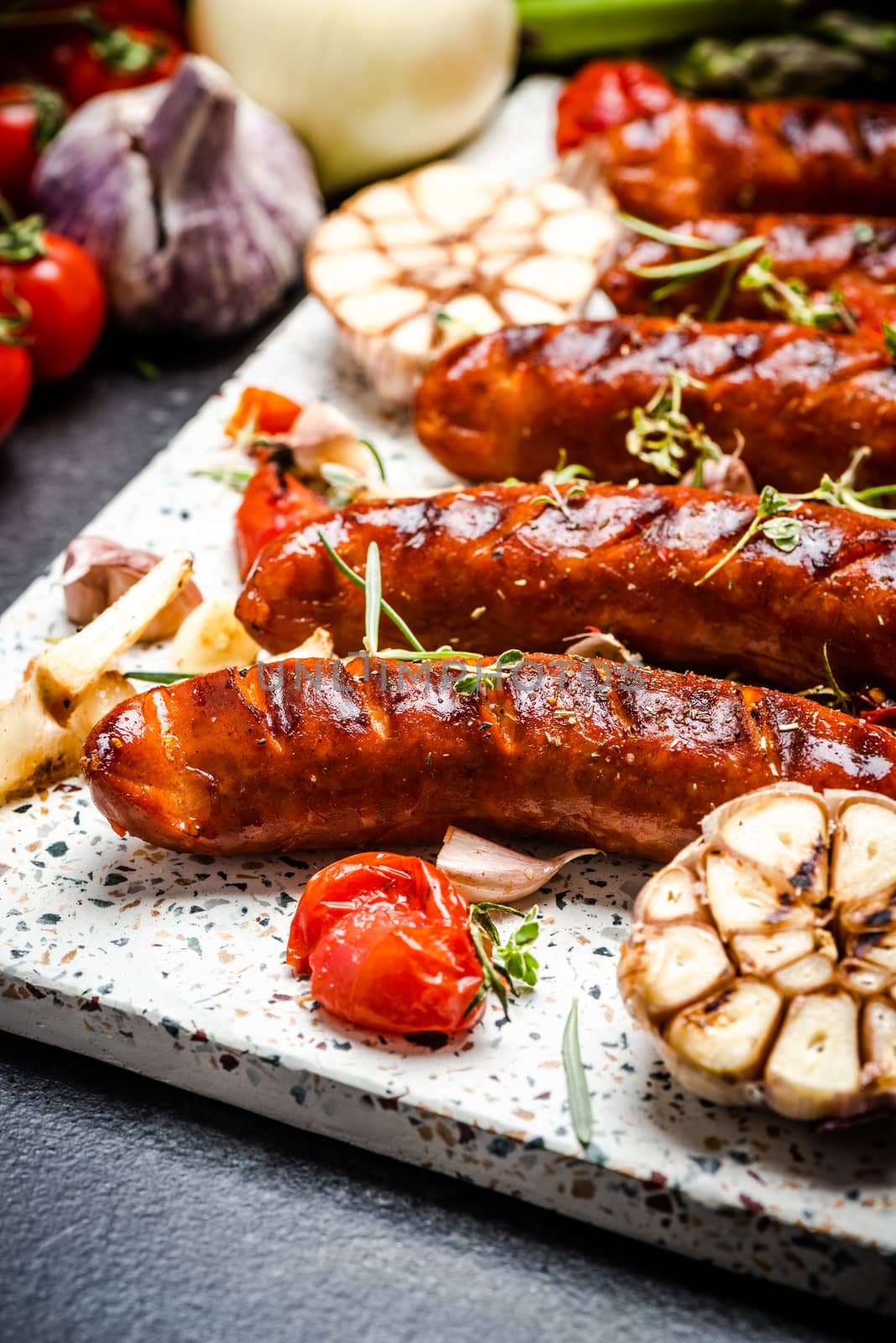 Barbecue Pork Sausages with Grilled Vegetables,Garlic, Herbs and Spices.