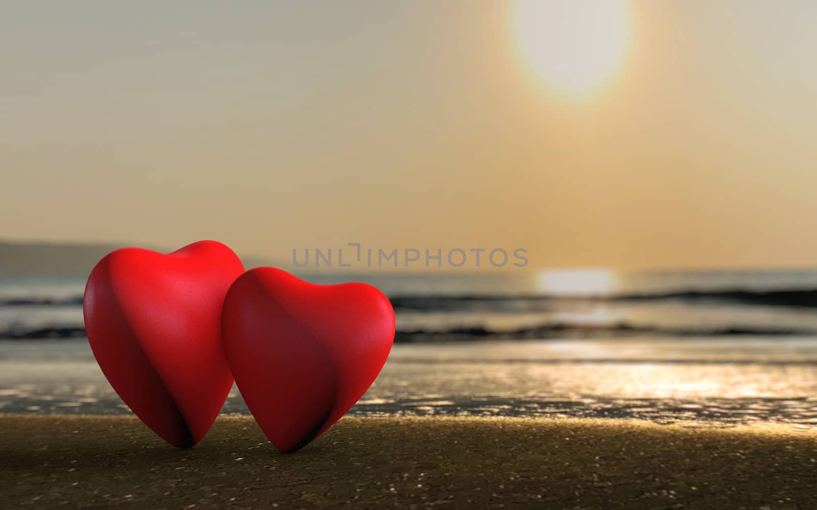 A couple in love on the ocean shoreline under the sunset 3d rendered concept on a beach under the susnet
