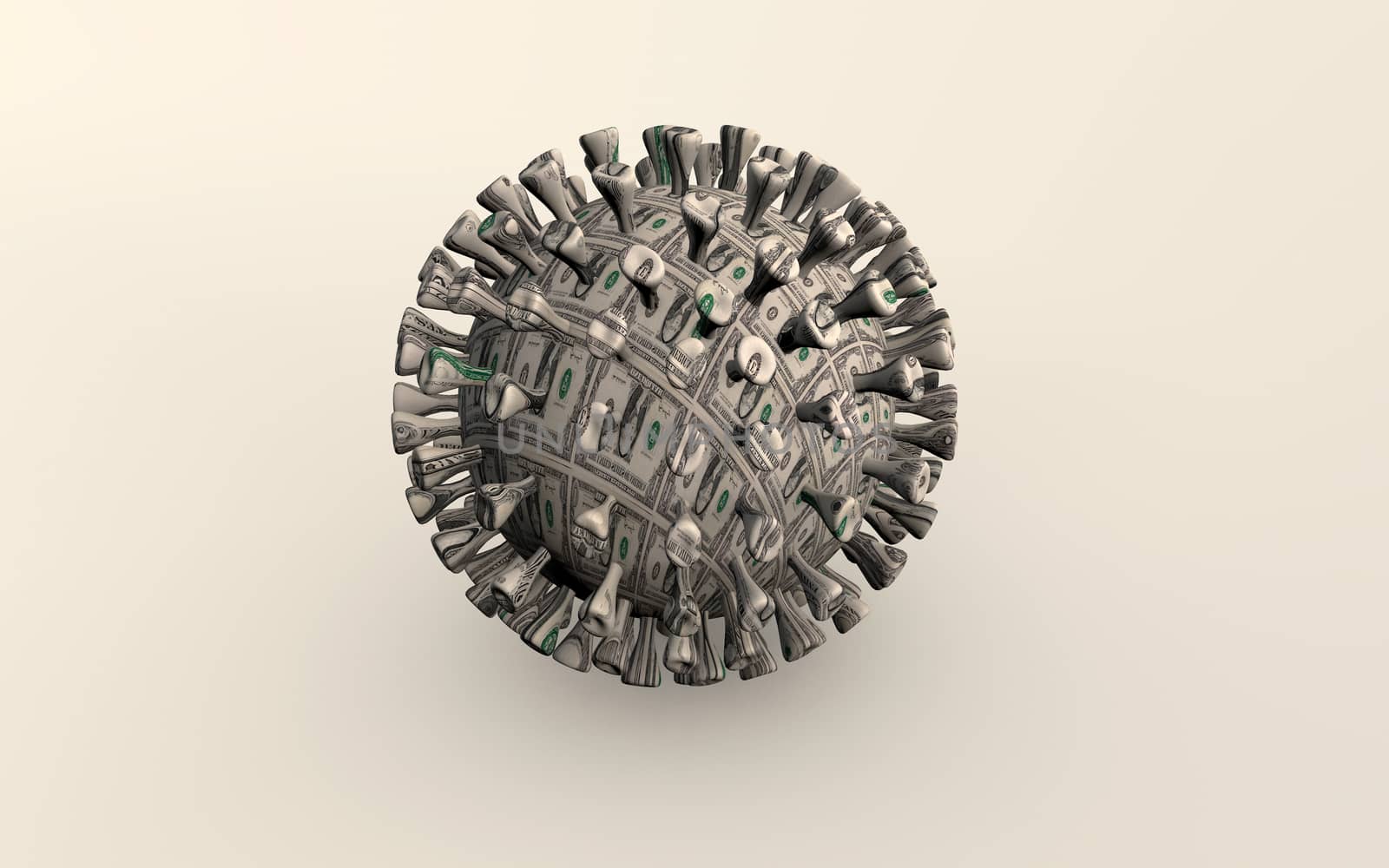 COVID-19 coronavirus disease outbreak impact on financial markets causing great depression. Concept of 2020 as the year of greatest crisis. 3d rendered of the virus with money texture isolated on white background.