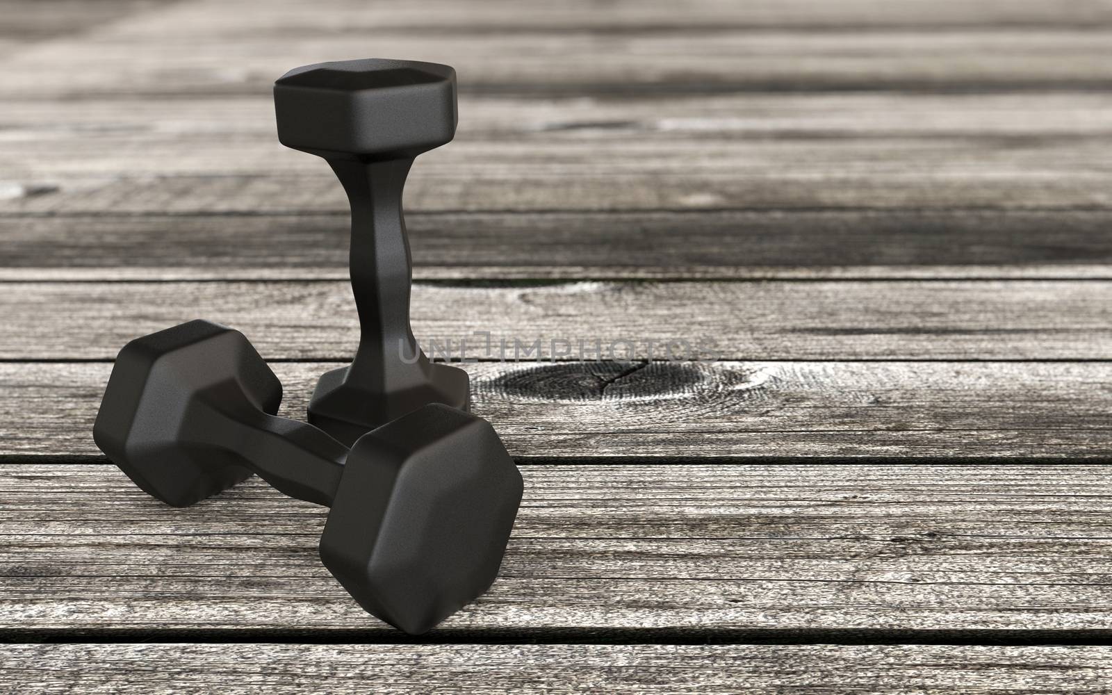 weight lifting concept with black rubber weights on a wooden floor with blurred background 3d renderred