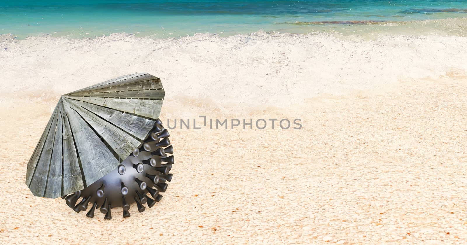3d rendering of coronavirus on a white sand beach by F1b0nacci