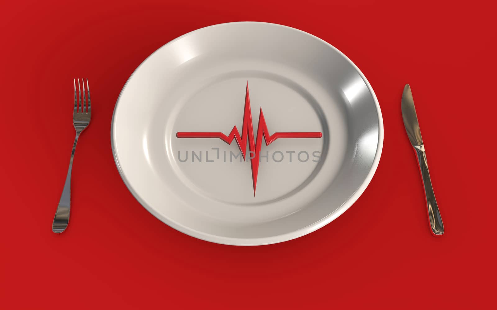 Pulse symbol on a plate heart health diet concept 3d rendered isolated on red background