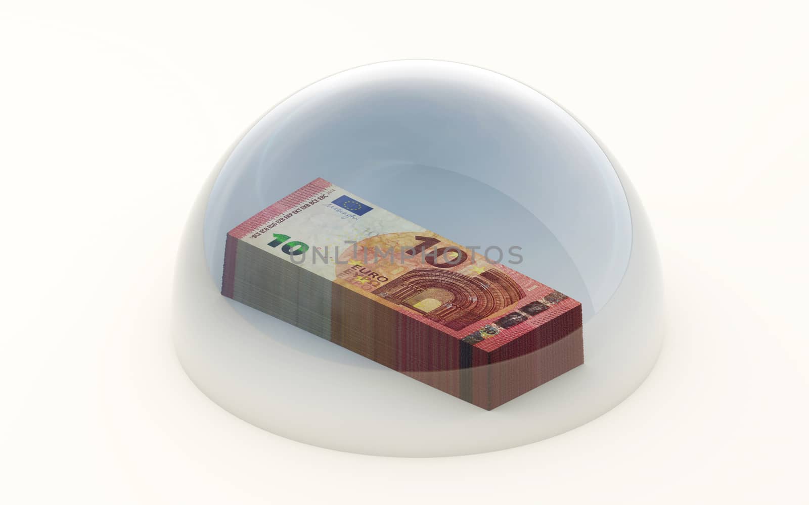 3d rendering of stacked banknotes of euro money protected under a dome isolated on white