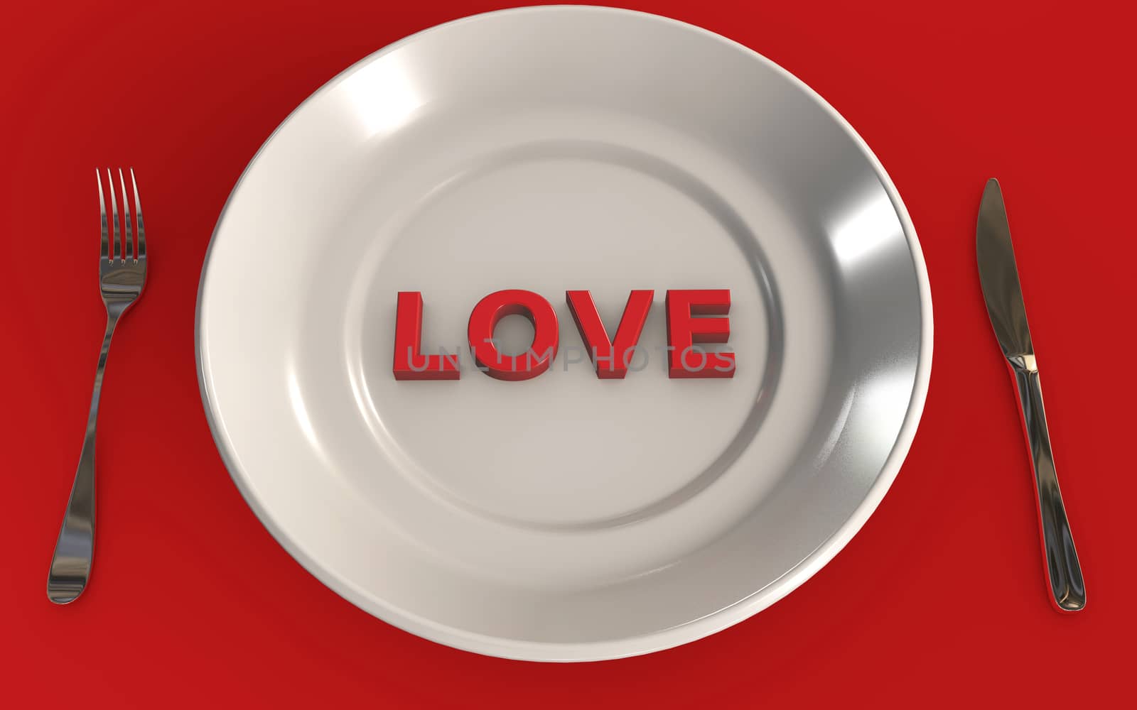 Food and Love connection 3d while having a meal 3d rendered concept isolated on red background