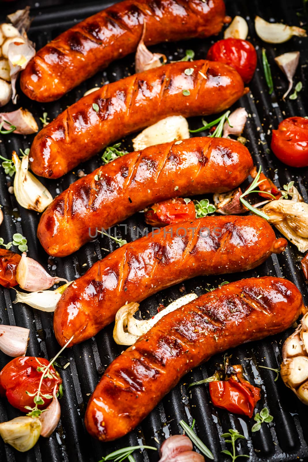 BBQ Grilled Meat Sausages with Herbs,Spices and Vegetables. Summer Party Food .