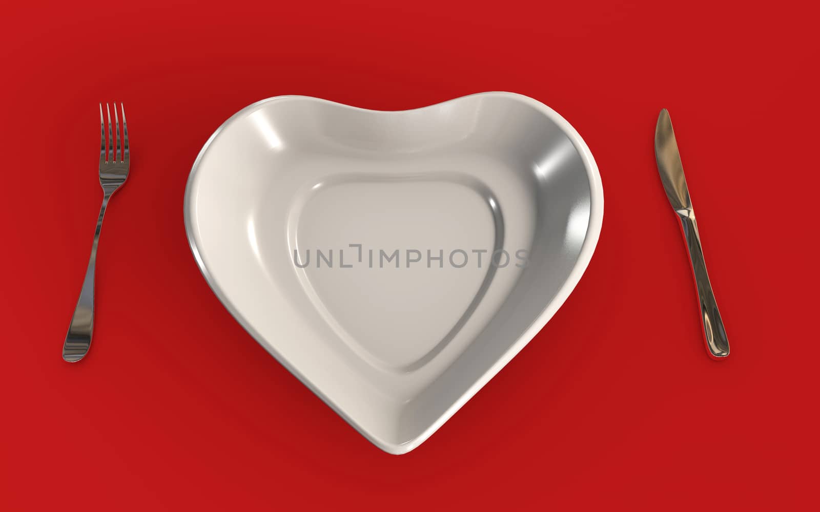 Food connection to Health or Love Concept with Heart shaped table plate isolated with a fork and a knife