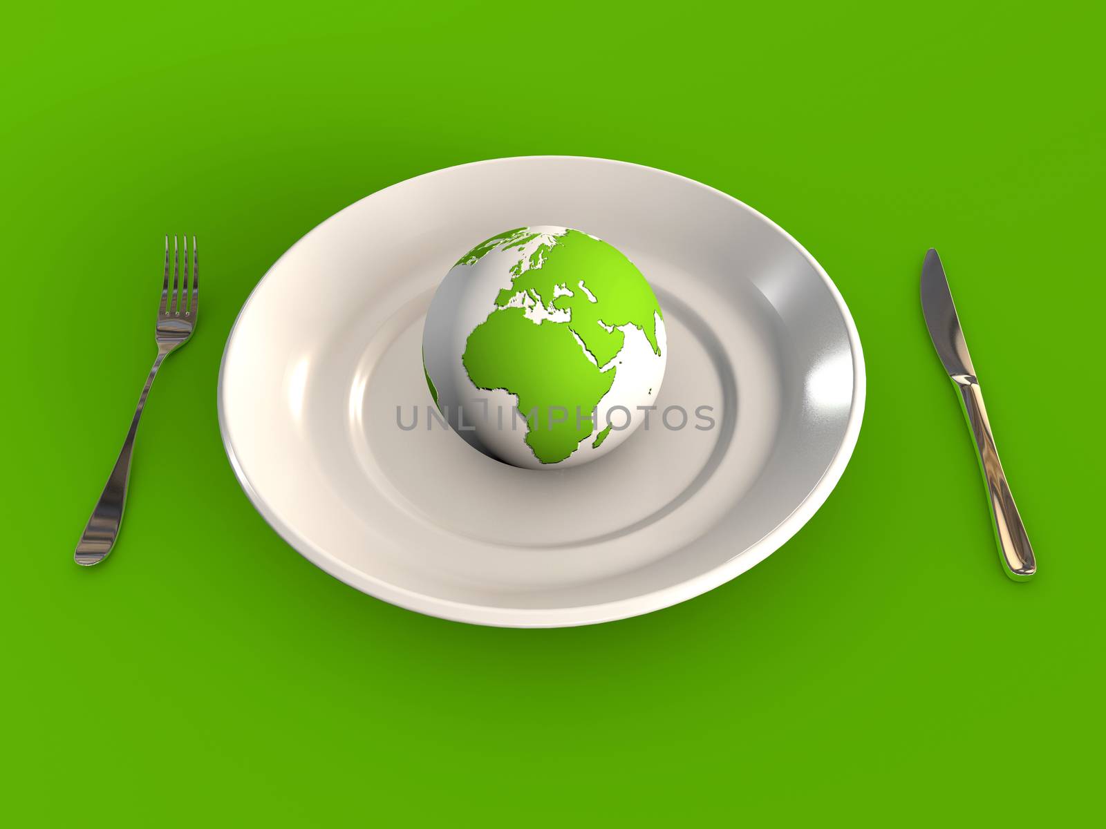 Globe on a plate illustrating global politics food health industry 3d rendered concept on green background