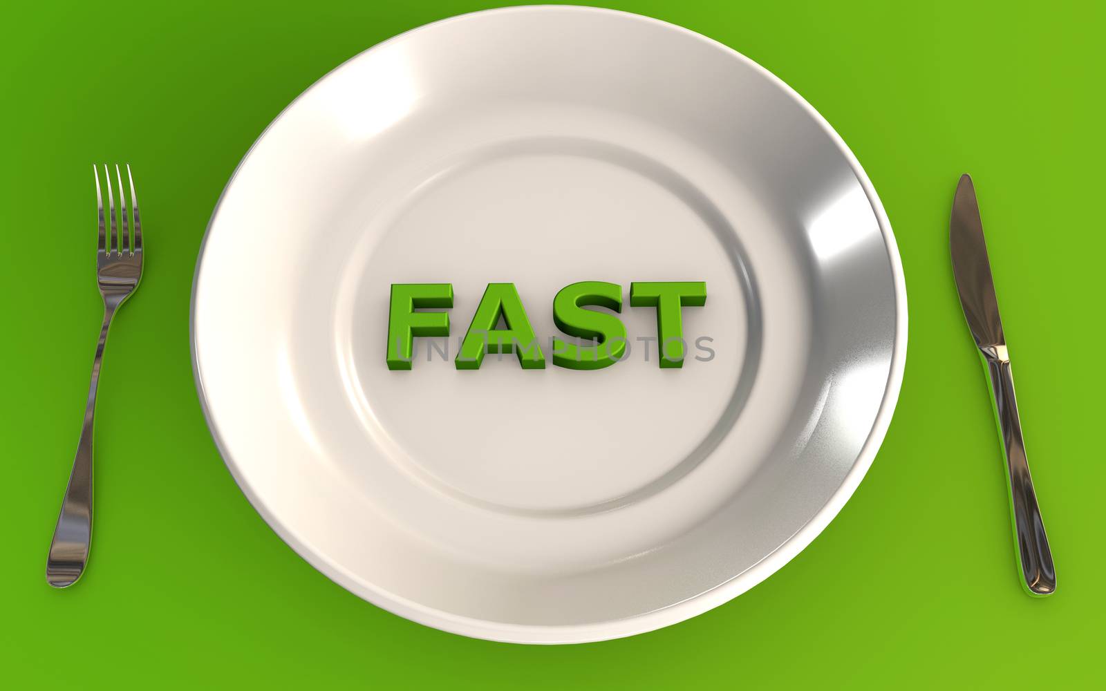 fasting and not eating 3d rendered concept with a plate fork and a knife on a greed table background
