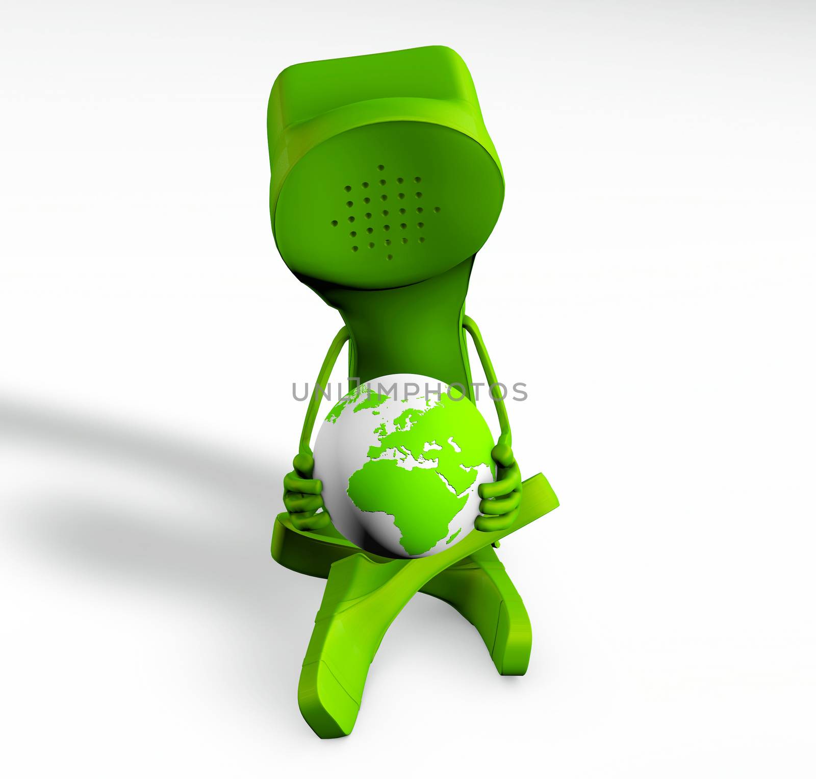 3d rendering of a telephone character holding the globe in his hands isolated on white