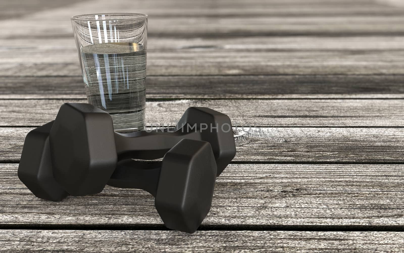 Healthy lifestyle 3d rendered concept with glass of water and training kit dumpbels