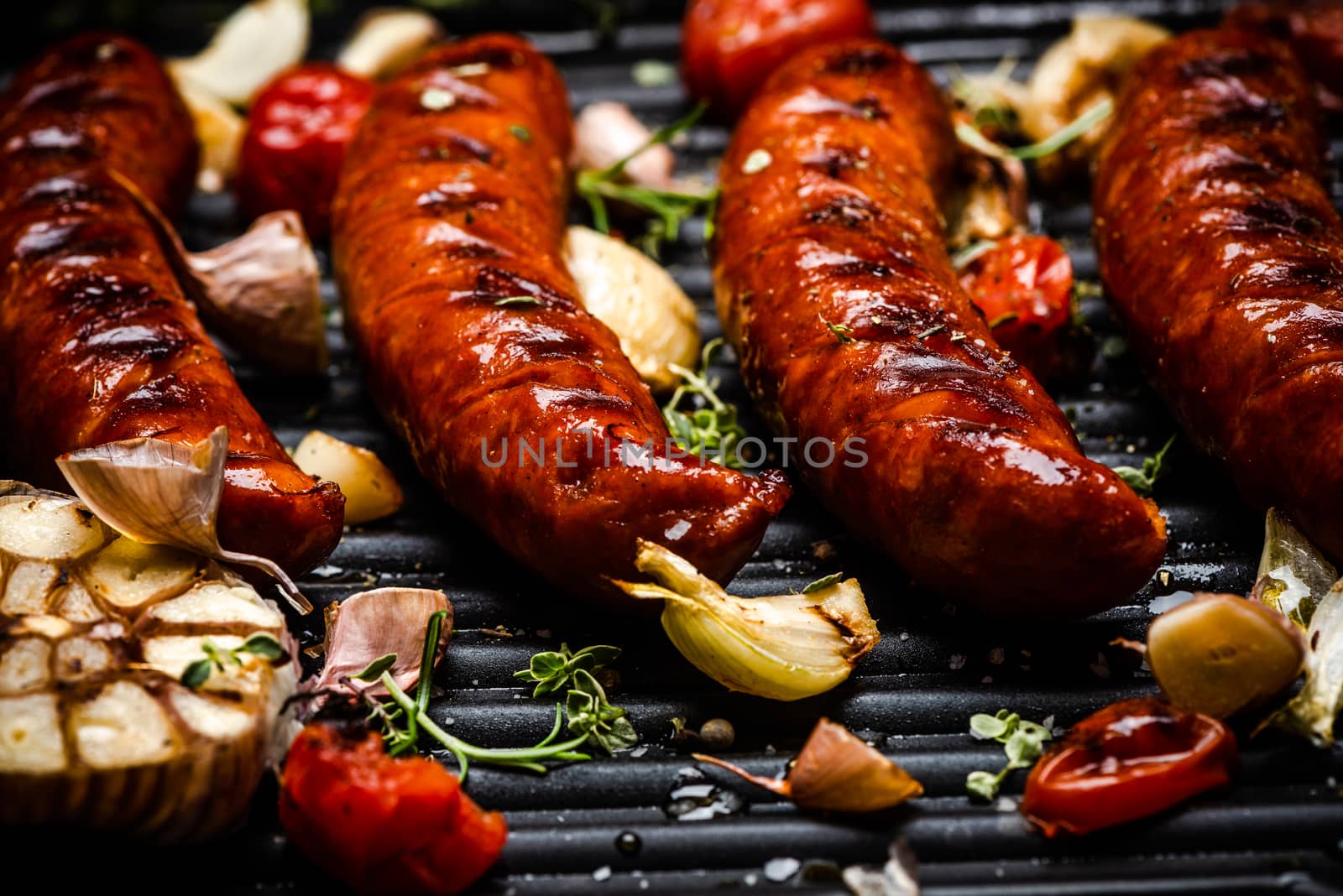 Barbecue Pork Sausages with Grilled Vegetables,Garlic, Herbs and Spices.