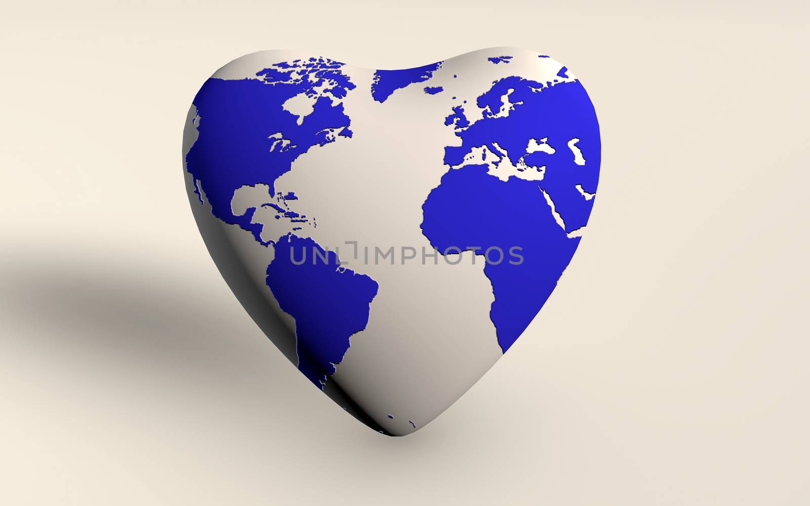 The Earth Globe in a Heart shape with a blue world map. Save the Earth, Keep the Planet safe, Environment, Nature, concept. 3D rendered isolated on white background.