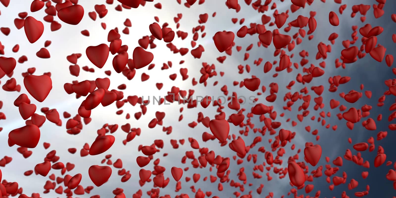 3d rendering of love in the form of heart shapes raining from the sunny sky