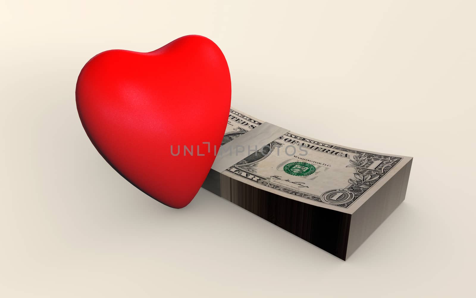 Red heart shape next to a wad of money us american dollars. Illustration of co-existence between love and money. Work-life balance. Business concept. 3D rendered isolated on white.