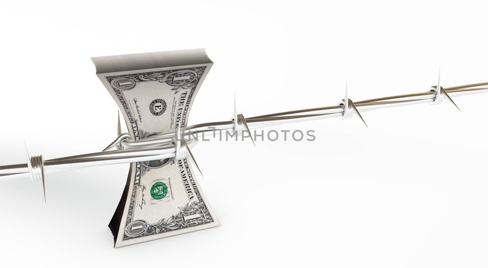 3d rendering of us dollars protected with barb wire isolated on white